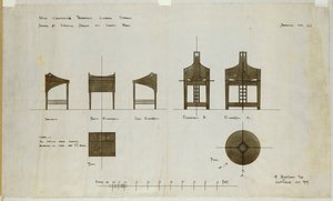 Designs for Writing Desks Shown in Front and Side Elevations, for the Ingram Street Tea Rooms by Charles Rennie Mackintosh
