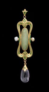Pendant (gold, enamel, translucent green gem & pearl) by Charles Ricketts