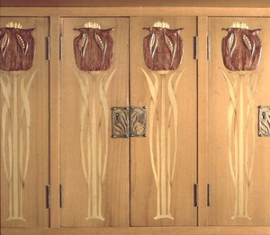 Detail of carved inlay on cabinet, made by the Guild of Handicraft, c.1898-99