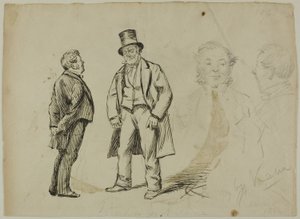 Sketch of Two Standing Men and Two Portraits by Charles Samuel Keene