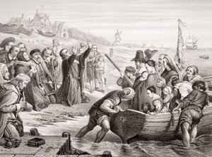 Departure of the Pilgrim Fathers from Delft Haven in July 1620 (engraving) by Charles West Cope