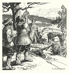 Champlain taking an observation with the Astrolabe, on the Ottawa by Charles William (after) Jefferys