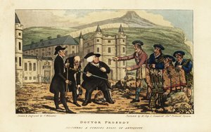 A Scottish mason informing English tourists that their rusty ancient falchion sword is a modern blade by Andrea Ferrara in front of Holyrood Palace, Edinburgh