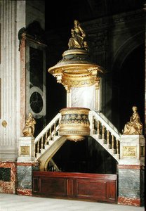 Pulpit with gilded figures of Faith and Hope by Guesdon and Charity by Dumont by Charles de Wailly
