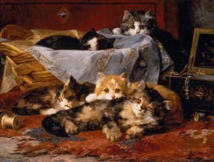 Kittens by a Sewing Basket by Charles van den Eycken