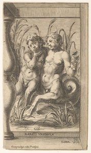 Two tritons embracing, one playing a panpipe, the second holding a conch shell set within, 1579