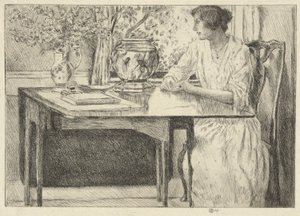The Colonial Table (Holley House, Cos Cob) (recto); Landscape with Barn (verso) by Childe Hassam