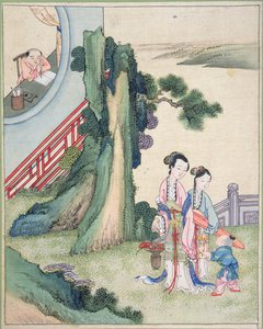 A man writing and his family by the side of a river