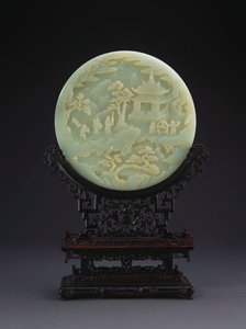 A White Jade Circular Table Screen Depicting Scholars Approaching a Pavilion