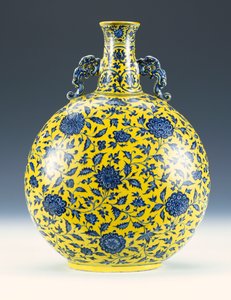 An Underglaze Blue and Yellow Enamelled Moonflask with a Peony and Lotus Pattern, c.1723-1735 by Chinese School