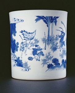 Blue and white brushpot painted with a lady and boys playing on hobbyhorses, Chongzheng, 1630-44 by Chinese School
