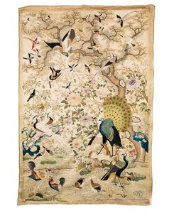 Embroidered Panel with a Pair of Peacocks and Numerous Other Birds Beneath a Gnarled Tree with Peonies and Prunus Blossom, Canton by Chinese School