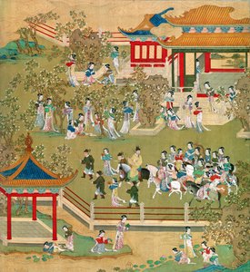 Emperor Yang Ti strolling in his gardens with his wives by Chinese School