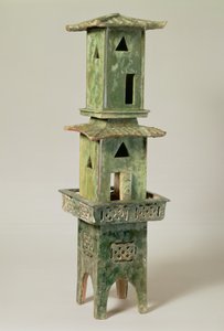 Green Glazed Model of a Tower in Three Detachable Sections, Han Dynasty