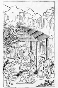 Making coarse clay cases to hold the china while in the furnace, from a series of illustrations on the manufacture of china