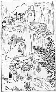 Mining for white clay, from a series of illustrations on the manufacture of china by Chinese School