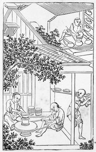 Moulding and placing on the potters wheel, from a series of illustrations on the manufacture of china