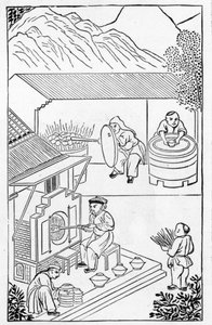 Opening and closing furnaces, from a series of illustrations on the manufacture of china by Chinese School