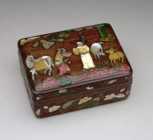 Rectangular tzu-tan box depicting an imperial messenger come to obtain the release of Su Wu