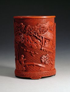 Red moulded brushpot depicting the famous calligrapher Wang Hsi-chih sitting in his pavilion retreat by Chinese School