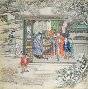 Scene in a garden with a family receiving visitors by Chinese School