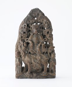 Small soapstone tablet, with pierced relief of Manjusri on lion, Period of Division, 543 AD by Chinese School