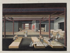 The Crating and Packing of Bowls and Dishes, plate 12 in a series of twelve depicting the process of Chinese porcelain manufacture, 19th century by Chinese School