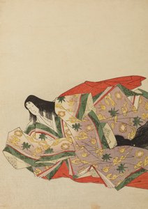 Lady of the Court Sitting in a Light Purple Robe with Green and Yellow Pattern, Plate from the Album: Nishiki-zuri onna sanju rokkasen e-zukushi by Chobunsai Eishi