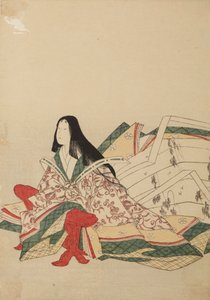 Lady-in-waiting Sitting, Leaning on a Kyosoku, Plate from Album: Thirty-Six Poetesses / Nishiki-zuri onna rokkasen e-zukushi