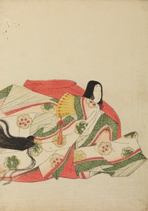 Court lady seated with a yellow fan, plate from the album: Nishiki-zuri onna sanju rokkasen e-zukushi by Chobunsai Eishi