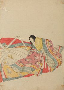Seated Court Lady with a Yellow Fan, plate from the album: Thirty-six Female Poets / Nishiki-zuri onna sanju rokkasen e-zukushi by Chobunsai Eishi