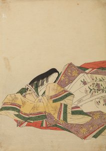 Lady of the Court Sitting, Turned Left, Plate from Album: Nishiki-zuri onna sanju rokkasen e-zukushi by Chobunsai Eishi