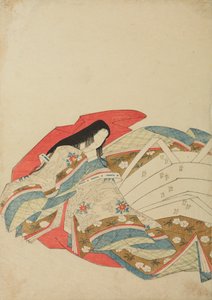 Seated Court Lady Turned Left, Plate from the Album: Nishiki-zuri onna sanju rokkasen e-zukushi by Chobunsai Eishi