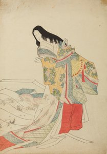 Standing court lady with a fan, plate from the album: Nishiki-zuri onna sanju e-zukushi by Chobunsai Eishi