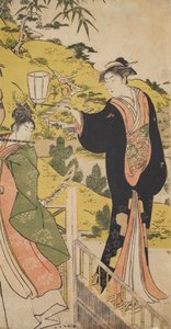 Young Man Playing the Flute and Woman with a Lantern by Chobunsai Eishi