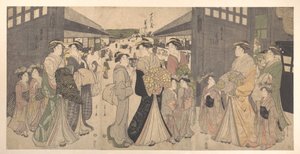 Oiran and Attendants at the Great Gate of the Yoshiwara by Chobunsai Eishi