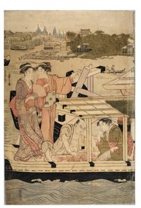 Part of a Horizontal Pentaptych of Sumida River Scene by Chobunsai Eishi