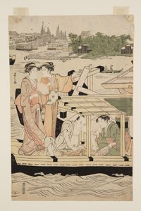 Pleasure Boats on the Sumida River beneath Shin-ohashi Bridge by Chobunsai Eishi