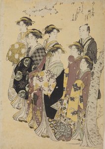 Six Oiran on a Walk with a Girl and a Man by Chobunsai Eishi