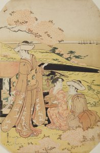 Three ladies by a palanquin by Chobunsai Eishi