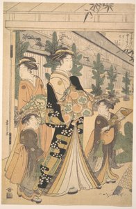 Two Oiran with Two Female Attendants in the Yoshiwara by Chobunsai Eishi