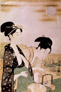 Admiring the moon: two women smoking by Choki Eishusai