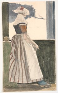 Young Girl Knitting in Salling Costume, Looking Out of a Window