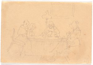 Evening Interior. Four Ladies around a Table, Sewing in Lamp Light