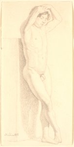 Standing Male Model with Arms Raised Over Head. Facing Right