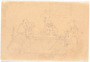 Evening Interior. Four Ladies around a Table, Sewing in Lamp Light