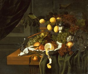 A Peeled Lemon, Oranges and Grapes in a Dish