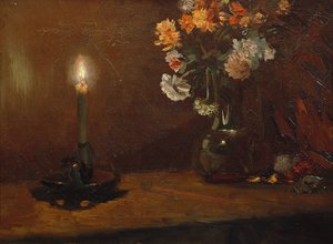 Arrangement with Candle and Flowers in Vase
