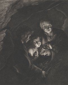 Night scene in a cave with an old woman holding burning coals in a pot, a boy blowing, ca. 1750-57 by Christian Friedrich Boëtius