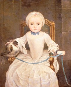A Young Girl Seated, three-quarter length, wearing an Ivory Dress and Bonnet with a Pigeon by Christian Lindner
